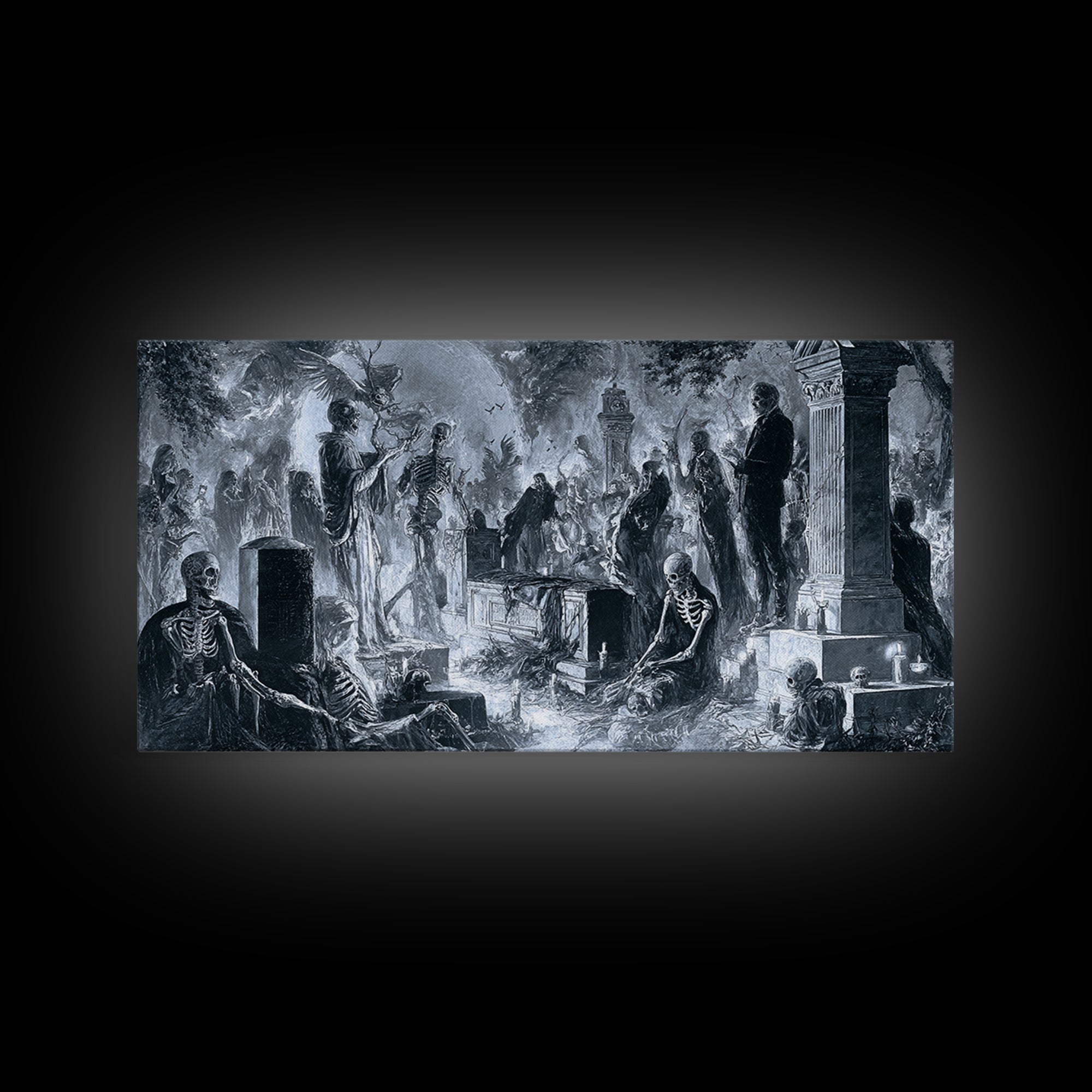The Graveyard Dance, Biomechanical Horror Art, Wide Panoramic Art, Macabre Wall Art, Framed Canvas Print, Halloween Wall Art