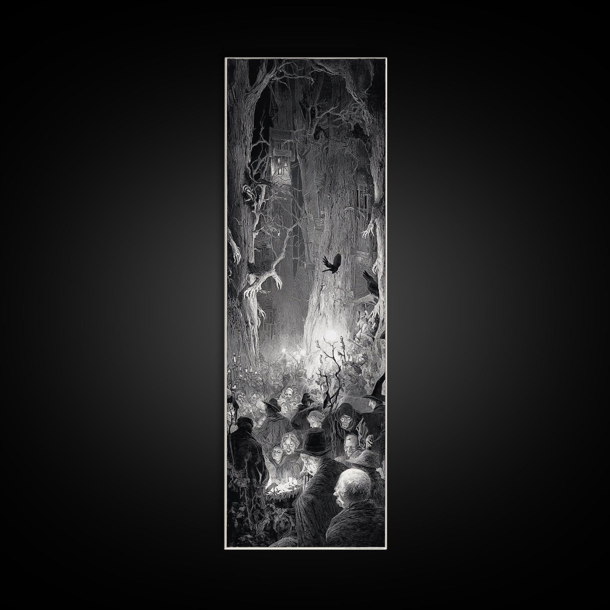 The Haunted Hayride, Gothic Engraving Art, Tall Narrow Wall Art, Macabre Wall Art, Canvas Print, Halloween Wall Art, Gothic Home Decor