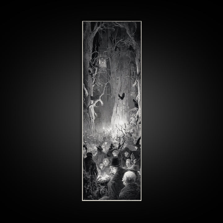 The Haunted Hayride, Gothic Engraving Art, Tall Narrow Wall Art, Macabre Wall Art, Canvas Print, Halloween Wall Art, Gothic Home Decor