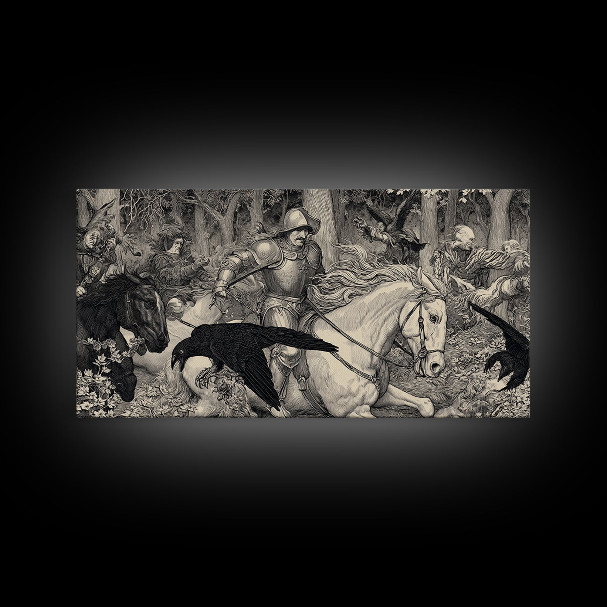 The Haunted Hayride, Renaissance Engraving Art, Wide Panoramic Art, Gothic Horror Wall Art, Framed Canvas Print, Halloween Wall Art
