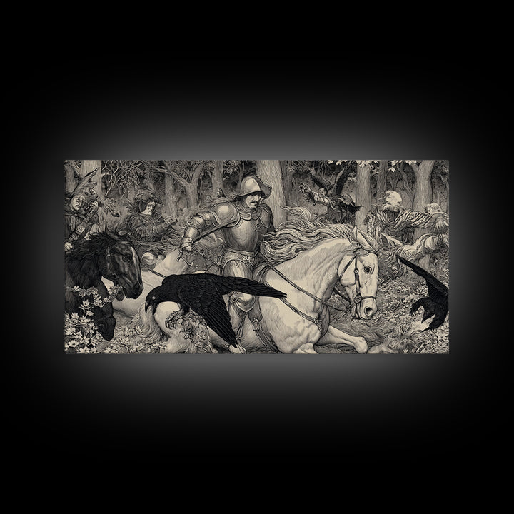 The Haunted Hayride, Renaissance Engraving Art, Wide Panoramic Art, Gothic Horror Wall Art, Framed Canvas Print, Halloween Wall Art