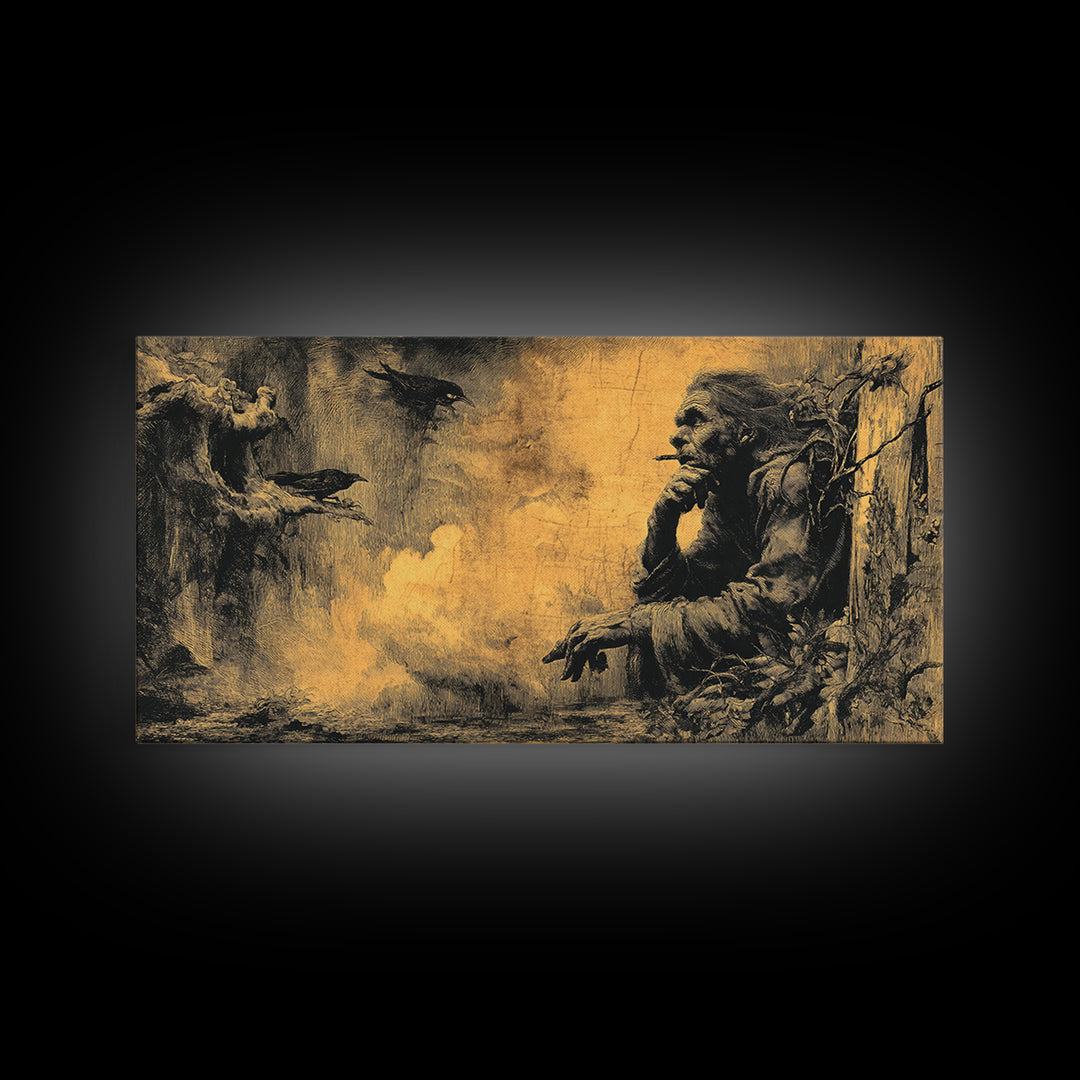 The Haunted Hayride, Baroque Witchcraft Art, Wide Panoramic Art, Dark Fantasy Wall Art, Framed Canvas Print, Halloween Wall Art