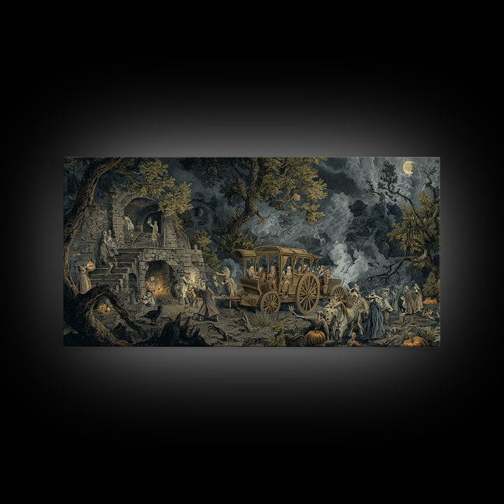 The Haunted Hayride, Architectural Etching Art, Wide Panoramic Art, Dark Fantasy Wall Art, Framed Canvas Print