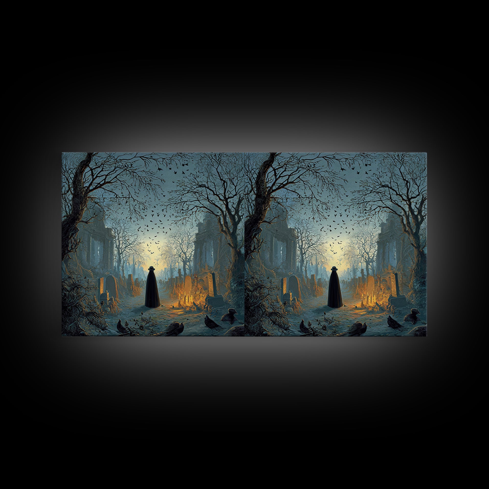 The Haunted Hayride, Romantic Gothic Landscape, Wide Panoramic Art, Dark Fantasy Wall Art, Framed Canvas Print, Halloween Wall Art