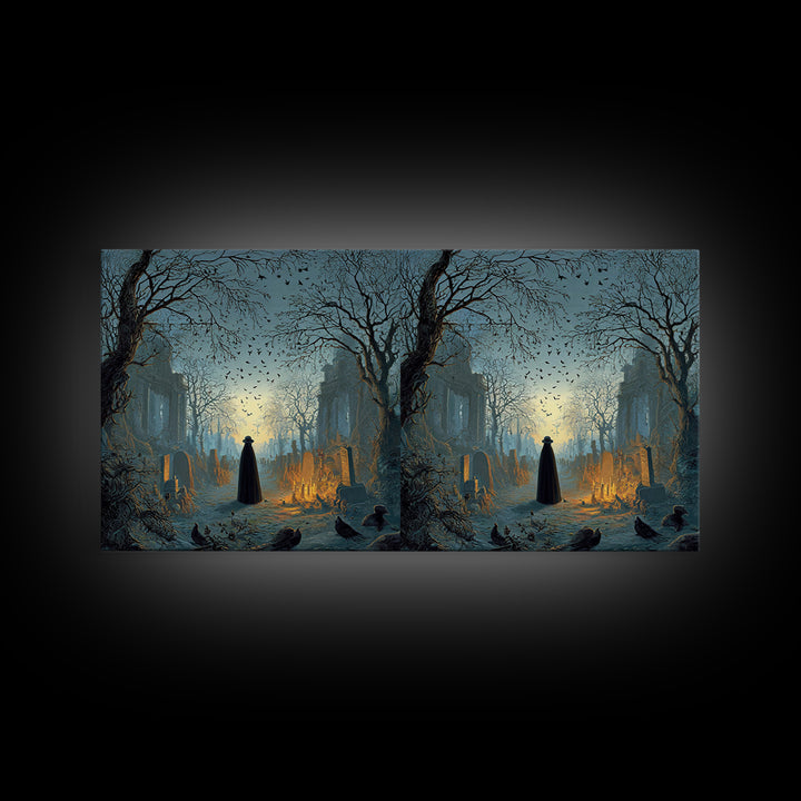 The Haunted Hayride, Romantic Gothic Landscape, Wide Panoramic Art, Dark Fantasy Wall Art, Framed Canvas Print, Halloween Wall Art