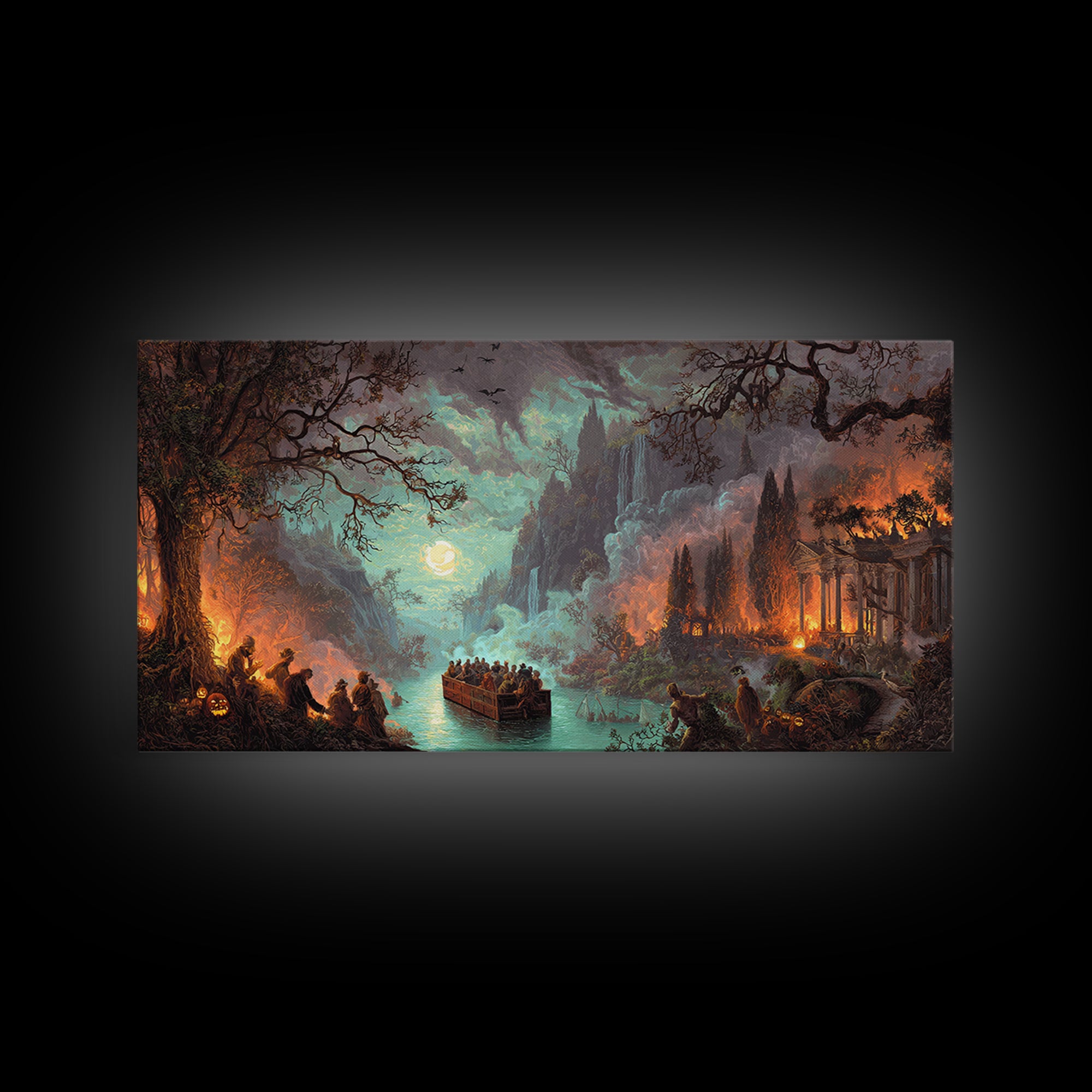 The Haunted Hayride, Apocalyptic Romantic Art, Wide Panoramic Art, Gothic Horror Wall Art, Framed Canvas Print, Halloween Wall Art