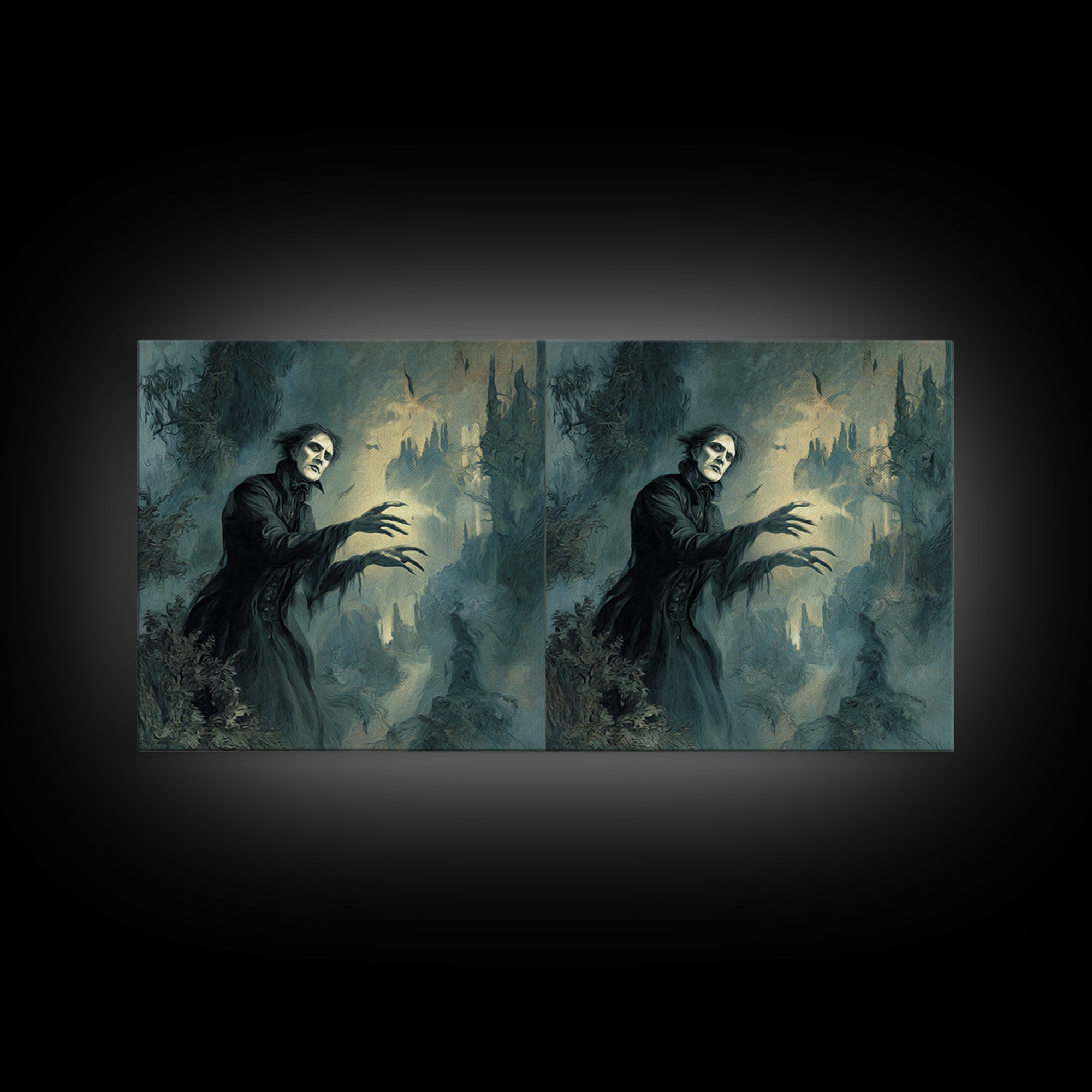 The Haunted Hayride, Symbolist Gothic Landscape, Wide Panoramic Art, Dark Halloween Decor, Canvas Print, Halloween Wall Art