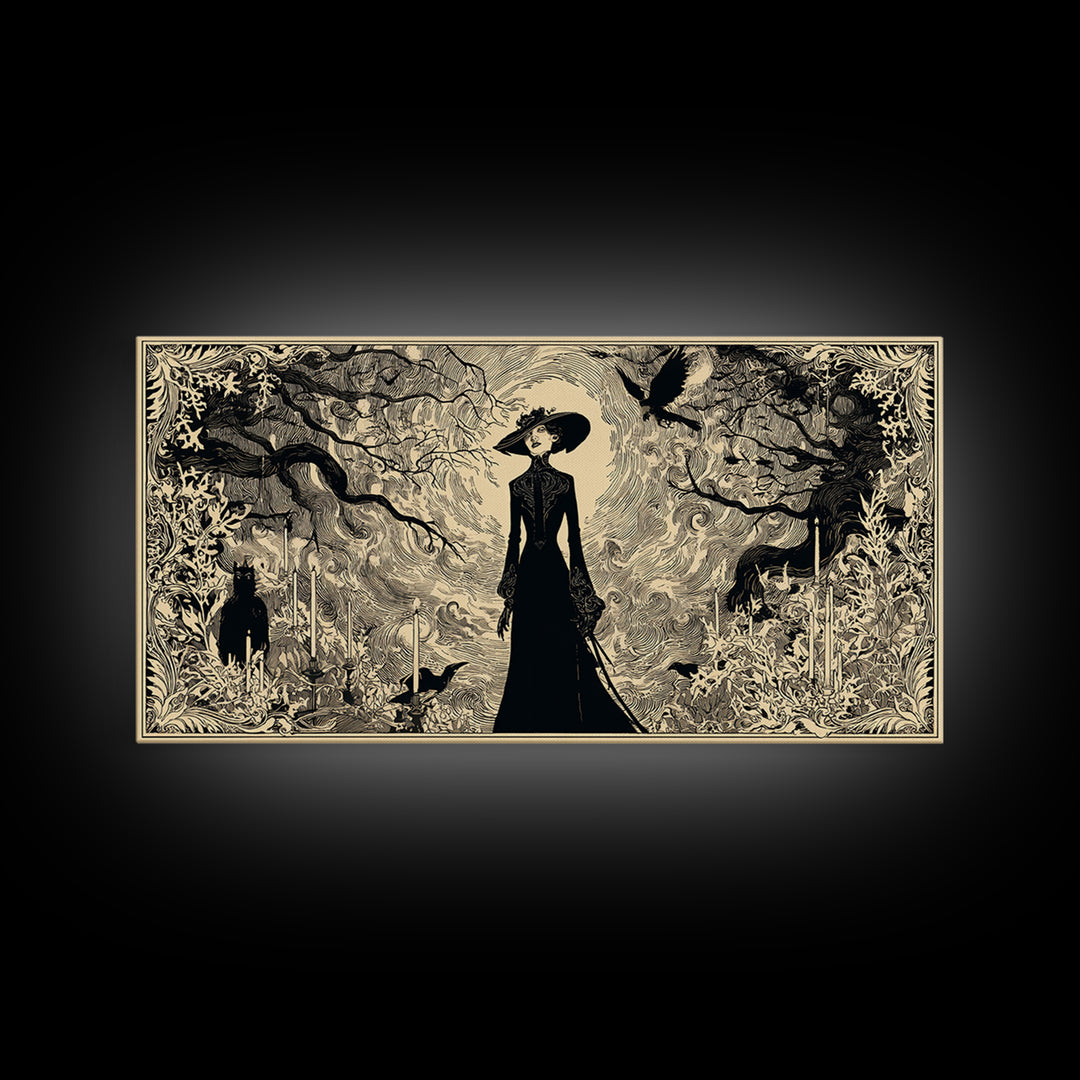 The Haunted Hayride, Decadent Line Art, Wide Panoramic Art, Dark Fantasy Wall Art, Canvas Print, Halloween Wall Art