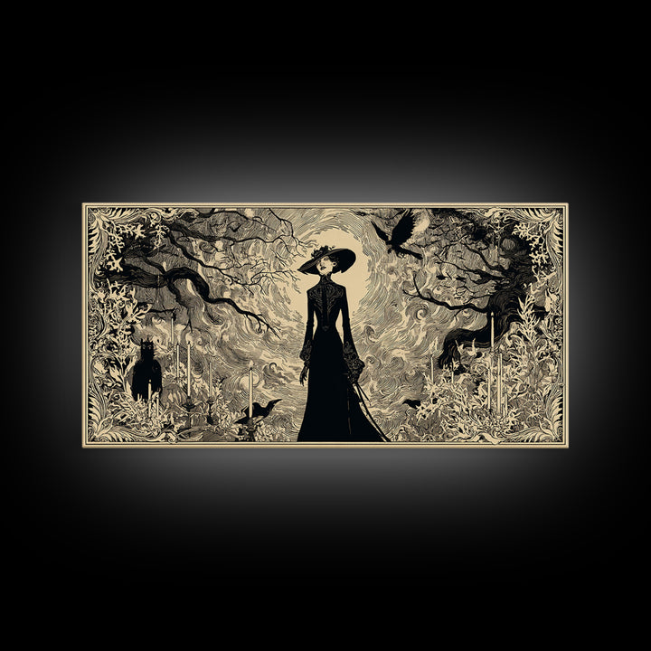 The Haunted Hayride, Decadent Line Art, Wide Panoramic Art, Dark Fantasy Wall Art, Canvas Print, Halloween Wall Art