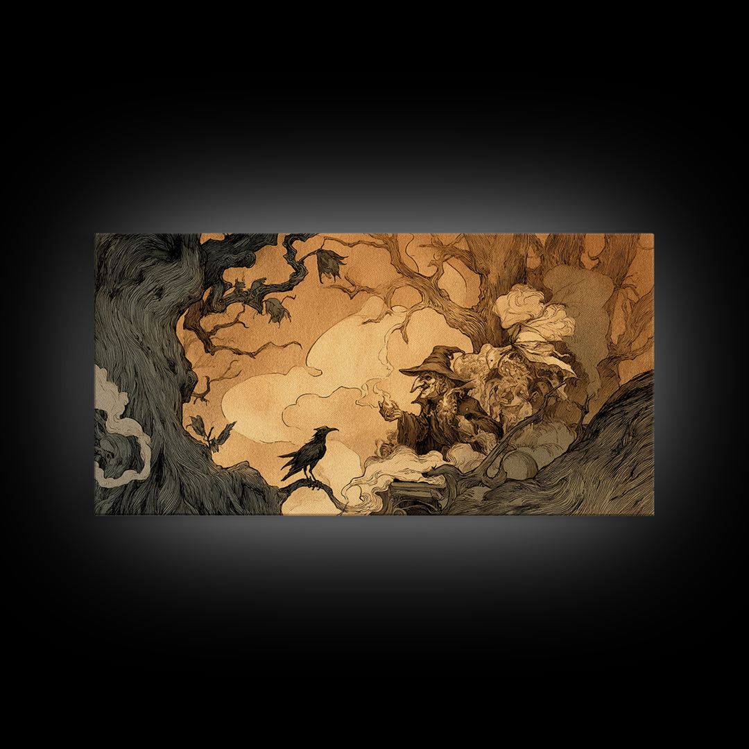 The Haunted Hayride, Gothic Storybook Art, Wide Panoramic Art, Dark Halloween Decor, Framed Canvas Print, Halloween Wall Art