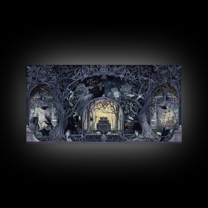 The Haunted Hayride, Stained Glass Gothic Art, Wide Panoramic Art, Gothic Horror Wall Art, Framed Canvas Print, Halloween Wall Art