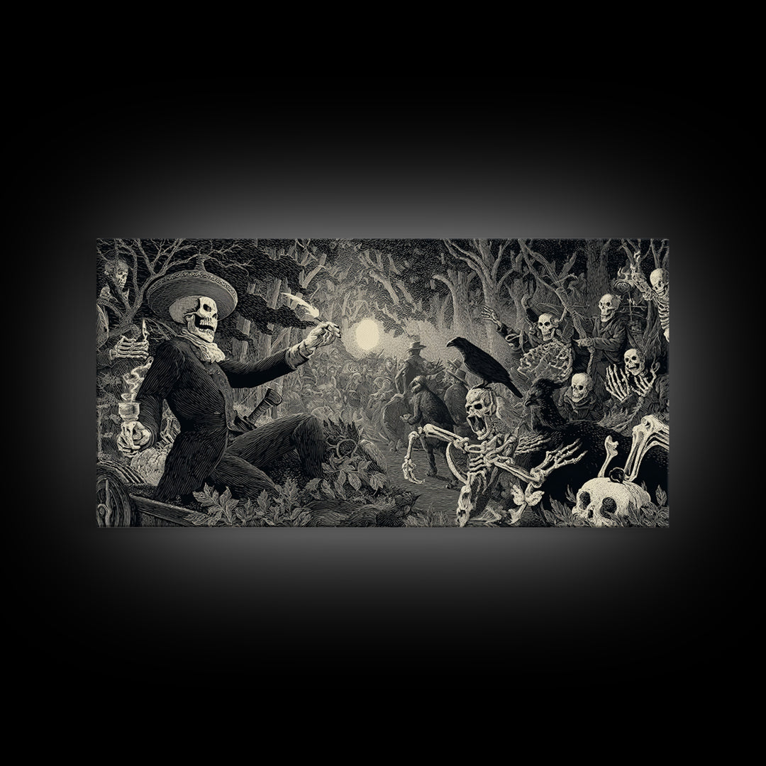 The Haunted Hayride, Macabre Folk Print Art, Wide Panoramic Art, Dark Halloween Decor, Canvas Print, Halloween Wall Art