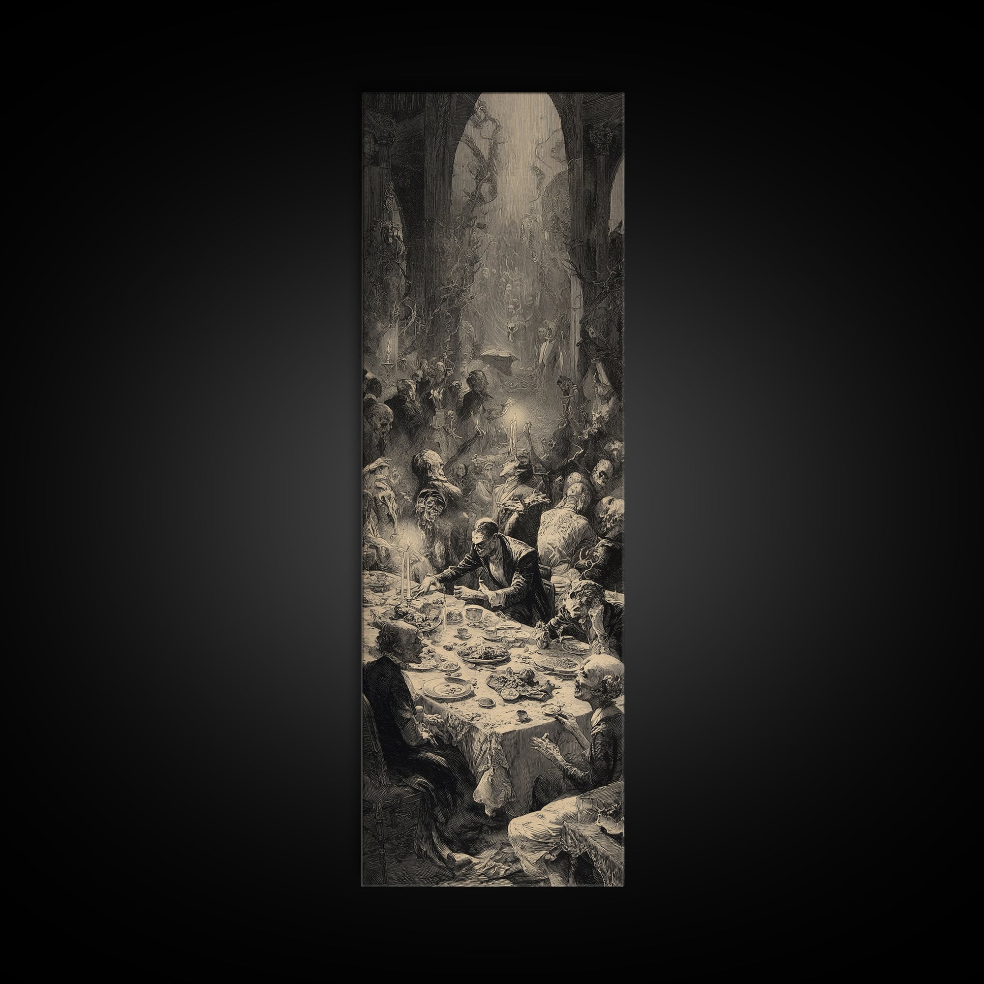 The Zombie Picnic, Gothic Engraving Art, Tall Narrow Wall Art, Dark Halloween Decor, Canvas Print, Halloween Wall Art