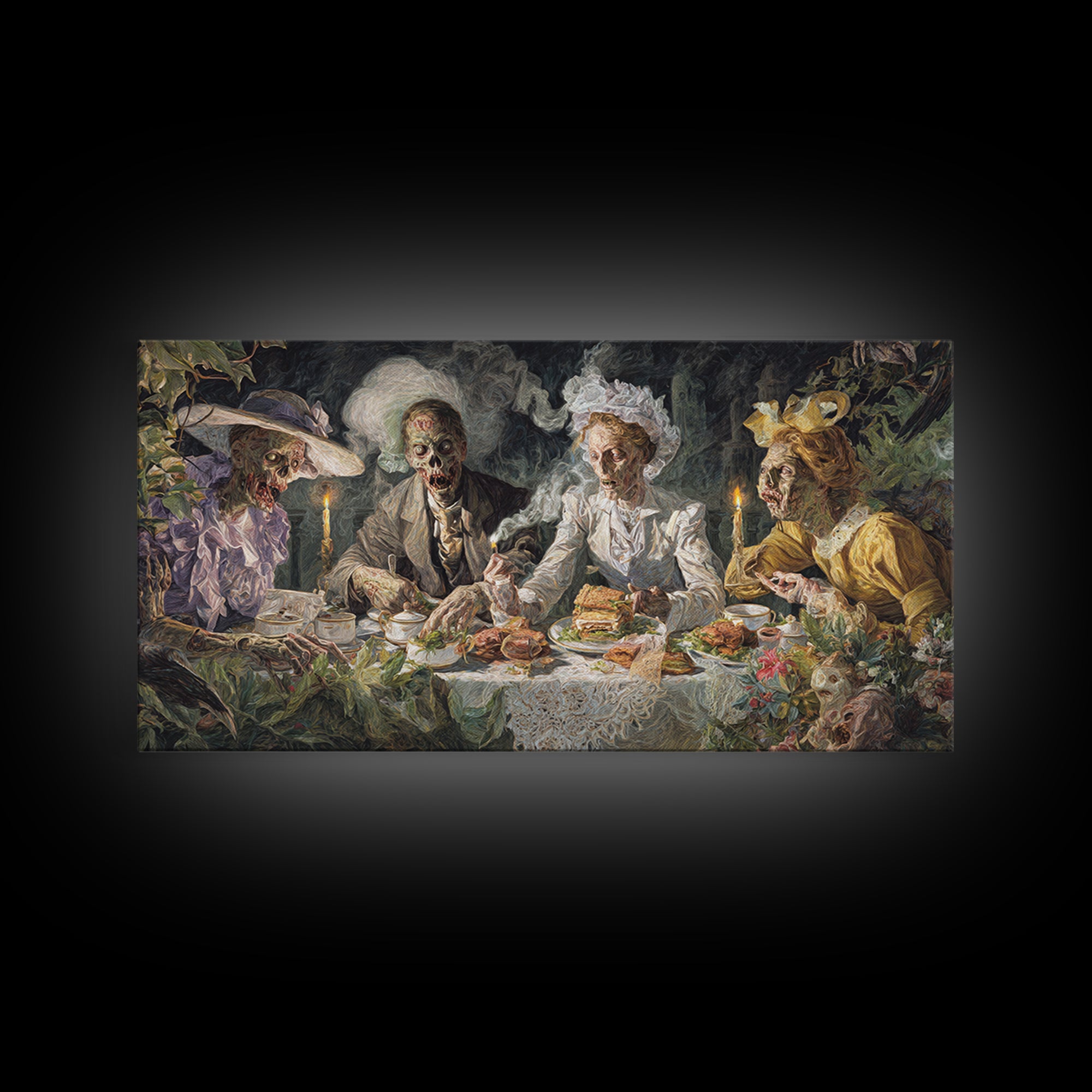 The Zombie Picnic, Dark Renaissance Art, Wide Panoramic Art, Dark Fantasy Wall Art, Framed Canvas Print, Halloween Wall Art