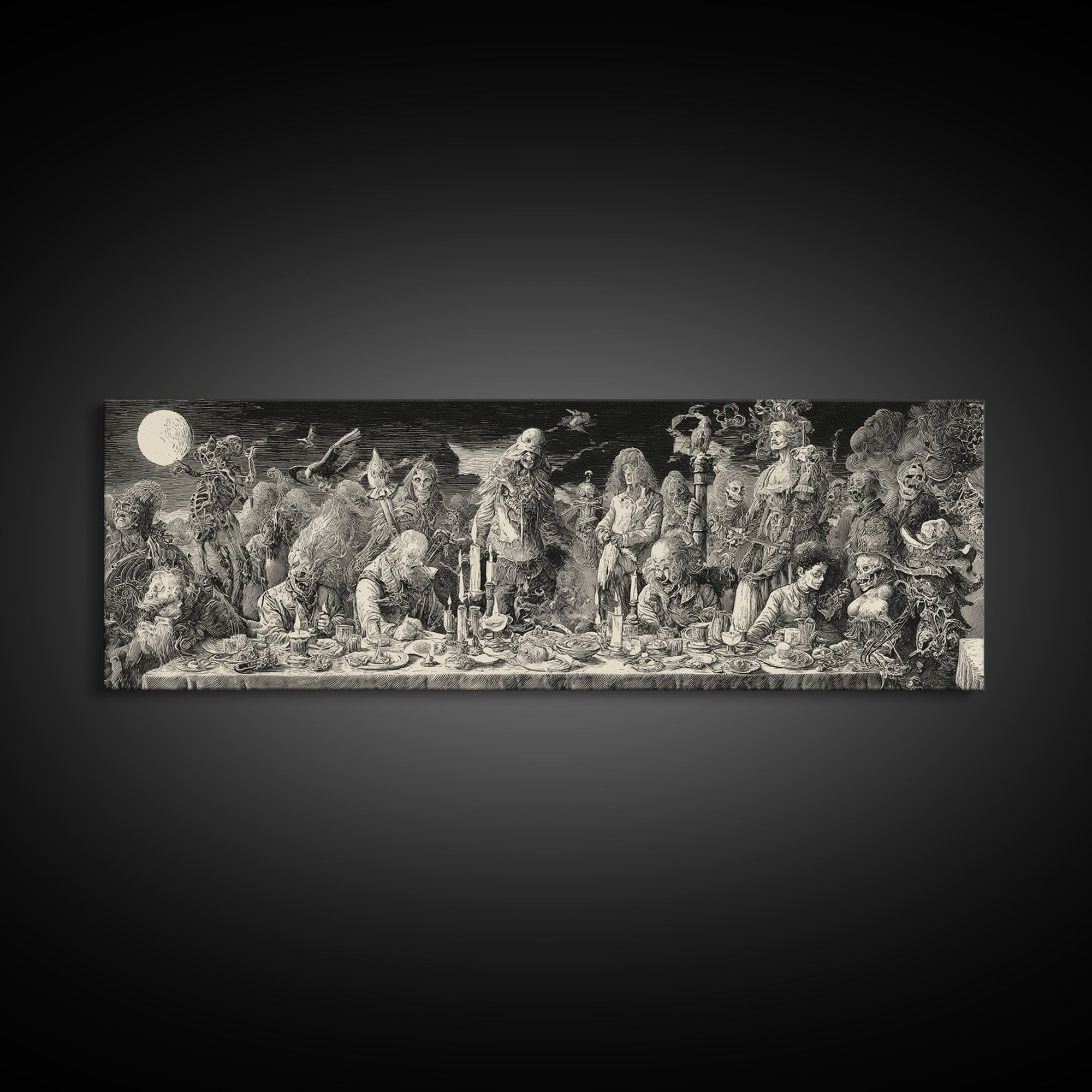 The Zombie Picnic, Renaissance Engraving Art, Extra Wide Wall Art, Dark Halloween Decor, Framed Canvas Print, Halloween Wall Art