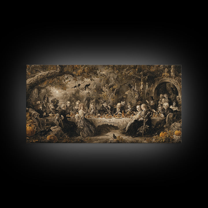 The Zombie Picnic, Baroque Witchcraft Art, Wide Panoramic Art, Dark Fantasy Wall Art, Canvas Print, Halloween Wall Art