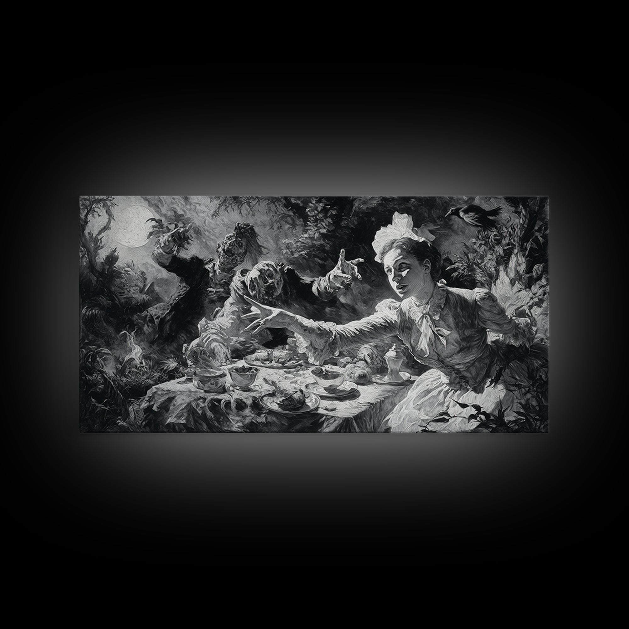 The Zombie Picnic, Dark Romantic Horror Art, Wide Panoramic Art, Gothic Horror Wall Art, Canvas Print, Halloween Wall Art