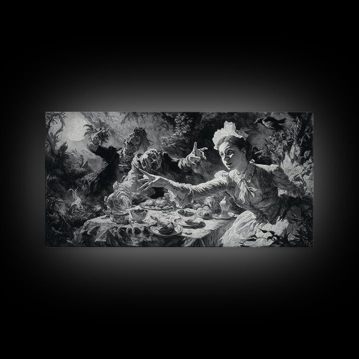 The Zombie Picnic, Dark Romantic Horror Art, Wide Panoramic Art, Gothic Horror Wall Art, Canvas Print, Halloween Wall Art