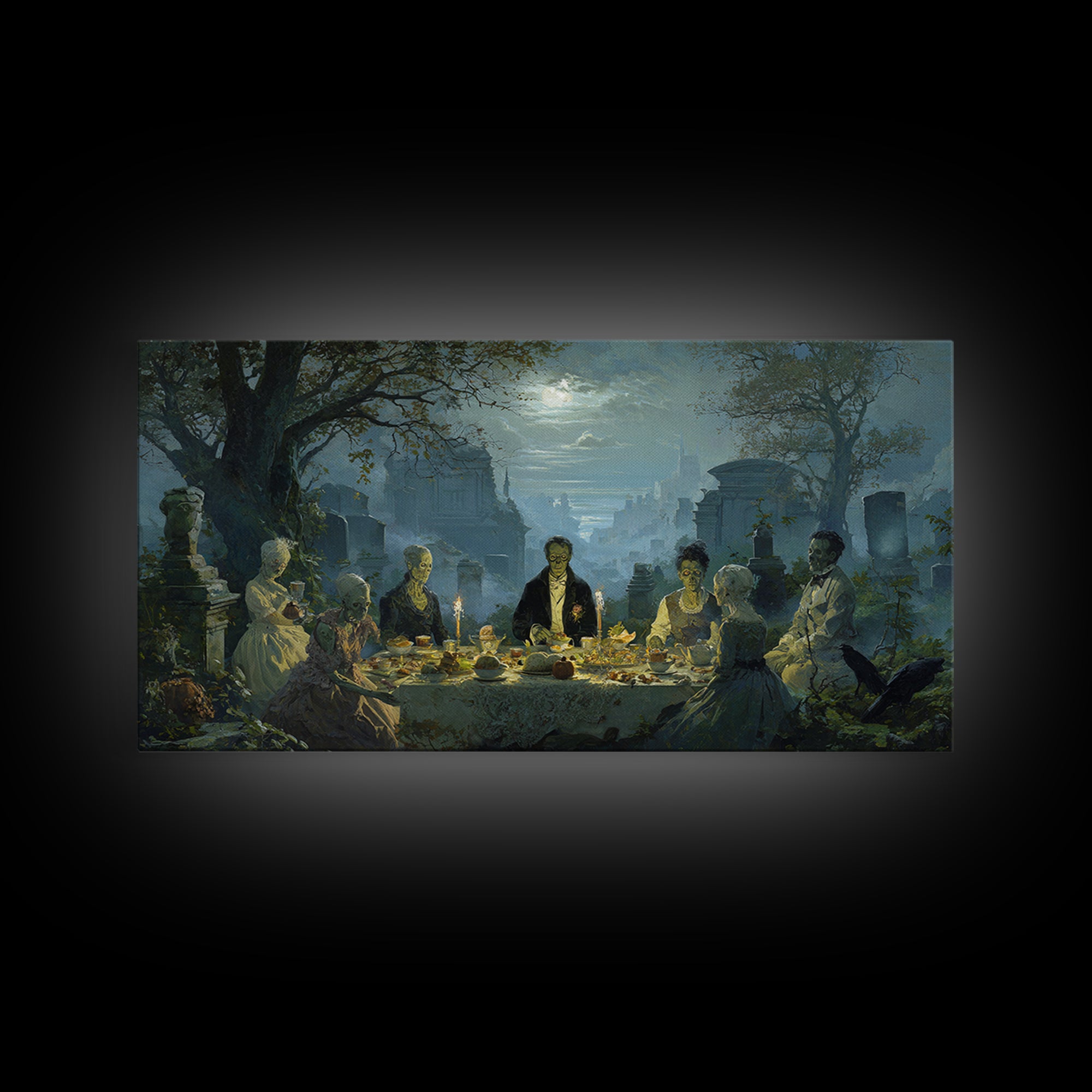 The Zombie Picnic, Romantic Gothic Landscape, Wide Panoramic Art, Dark Halloween Decor, Canvas Print, Halloween Wall Art