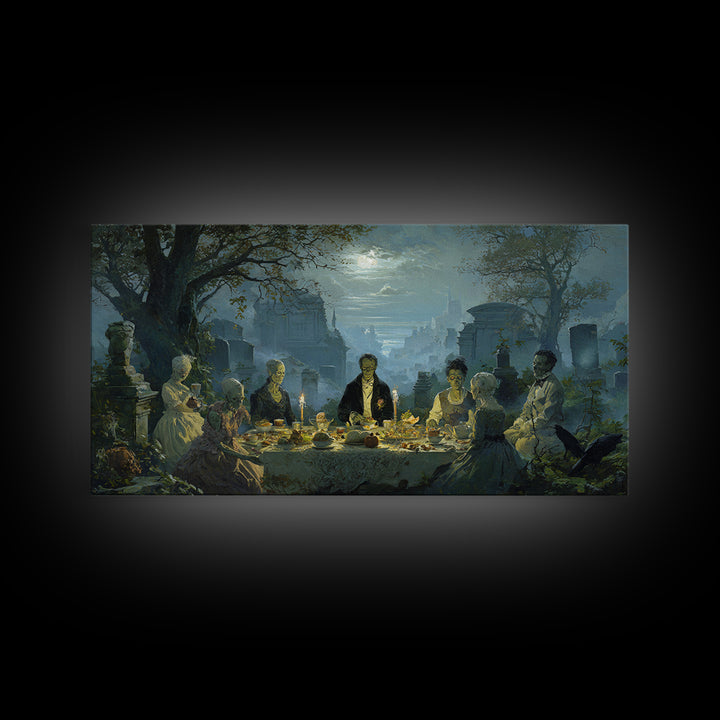 The Zombie Picnic, Romantic Gothic Landscape, Wide Panoramic Art, Dark Halloween Decor, Canvas Print, Halloween Wall Art