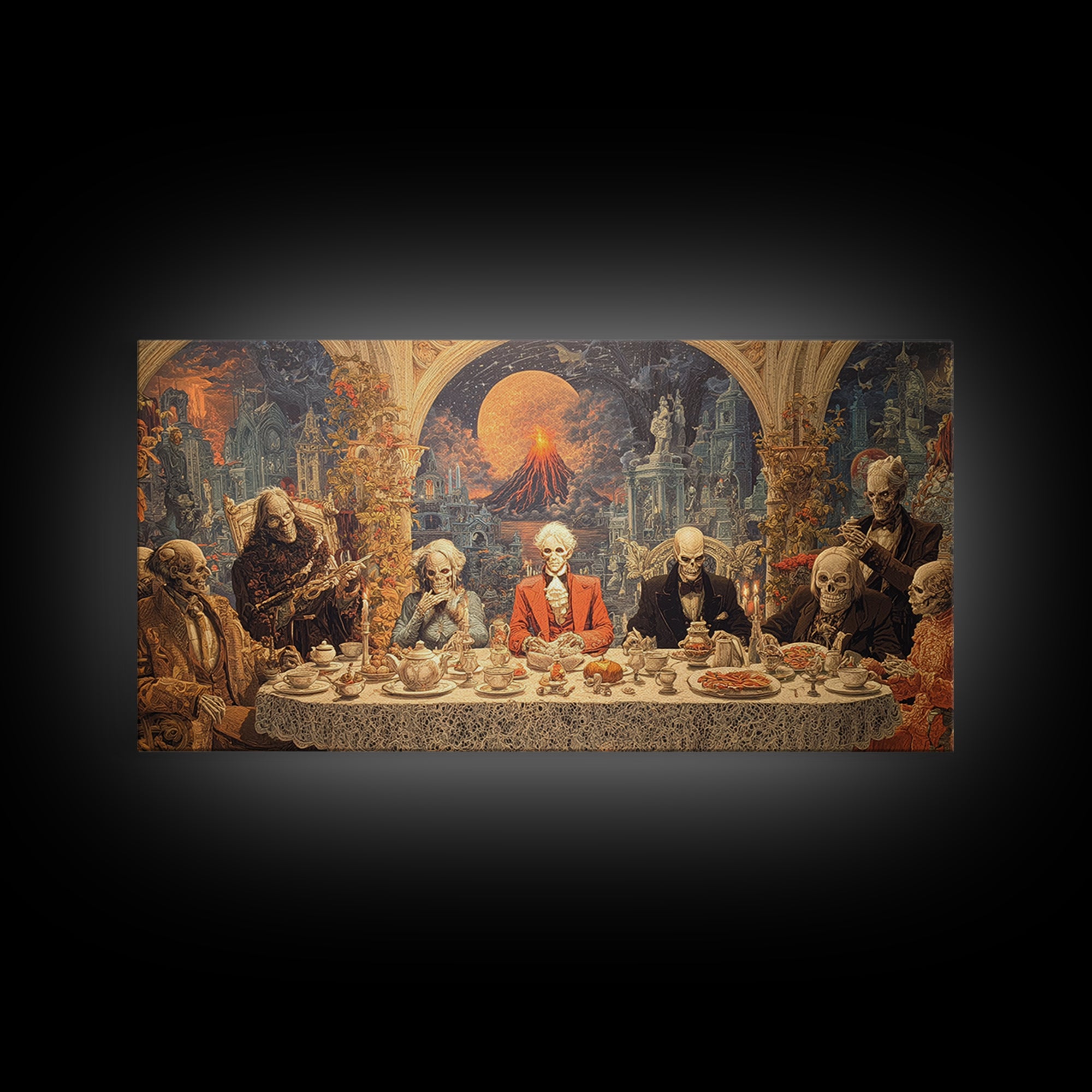 The Zombie Picnic, Apocalyptic Romantic Art, Wide Panoramic Art, Macabre Wall Art, Framed Canvas Print, Halloween Wall Art, Halloween Decor