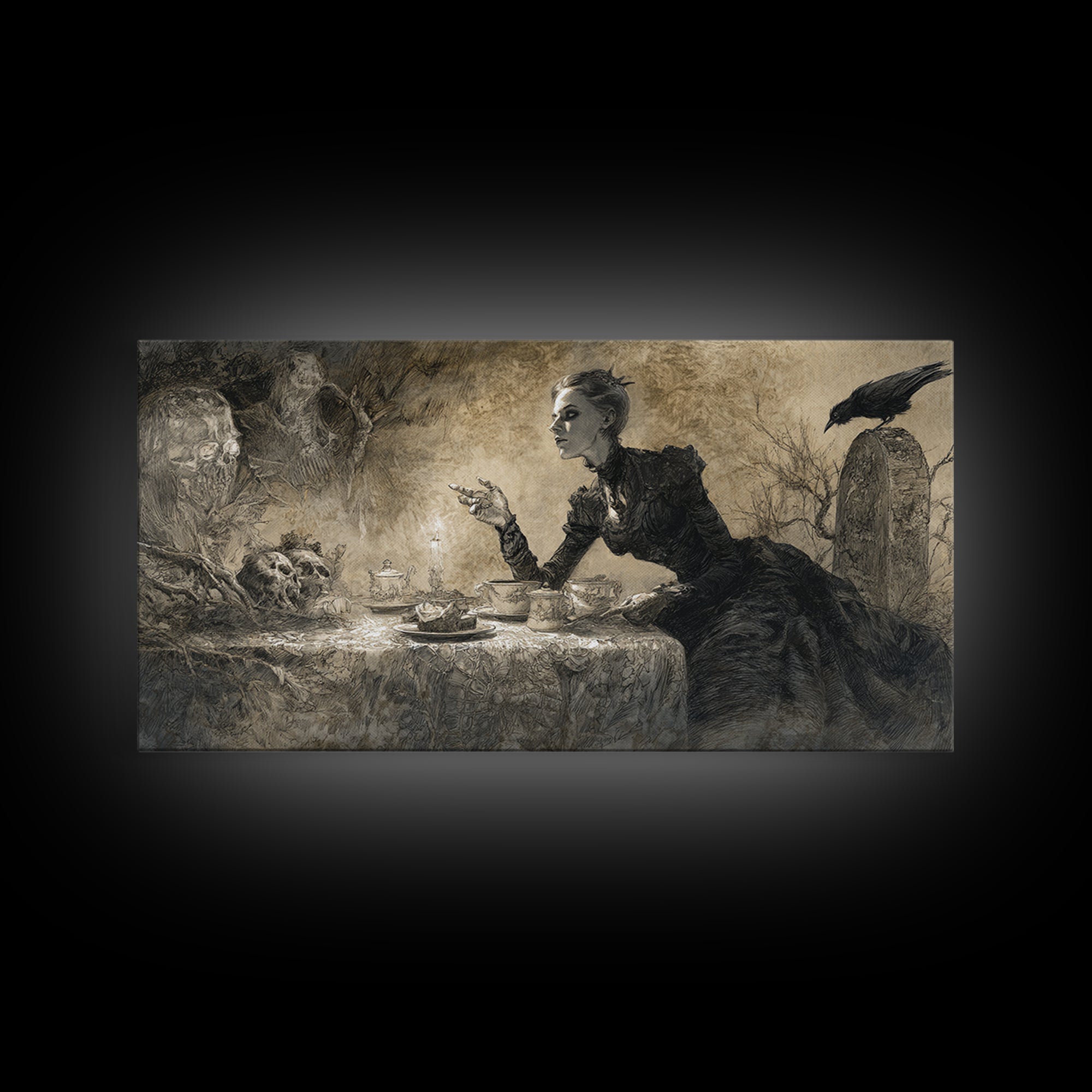 The Zombie Picnic, Symbolist Dream Art, Wide Panoramic Art, Macabre Wall Art, Framed Canvas Print, Halloween Wall Art