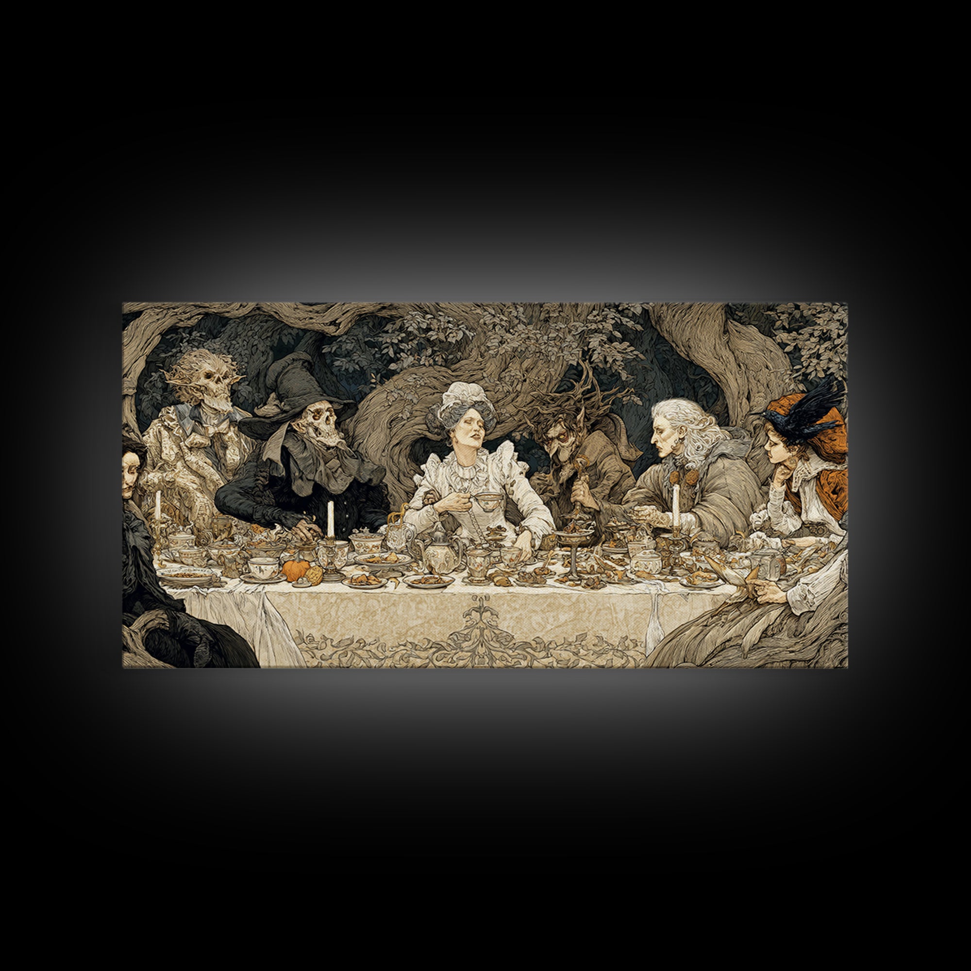 The Zombie Picnic, Gothic Storybook Art, Wide Panoramic Art, Gothic Horror Wall Art, Canvas Print, Halloween Wall Art