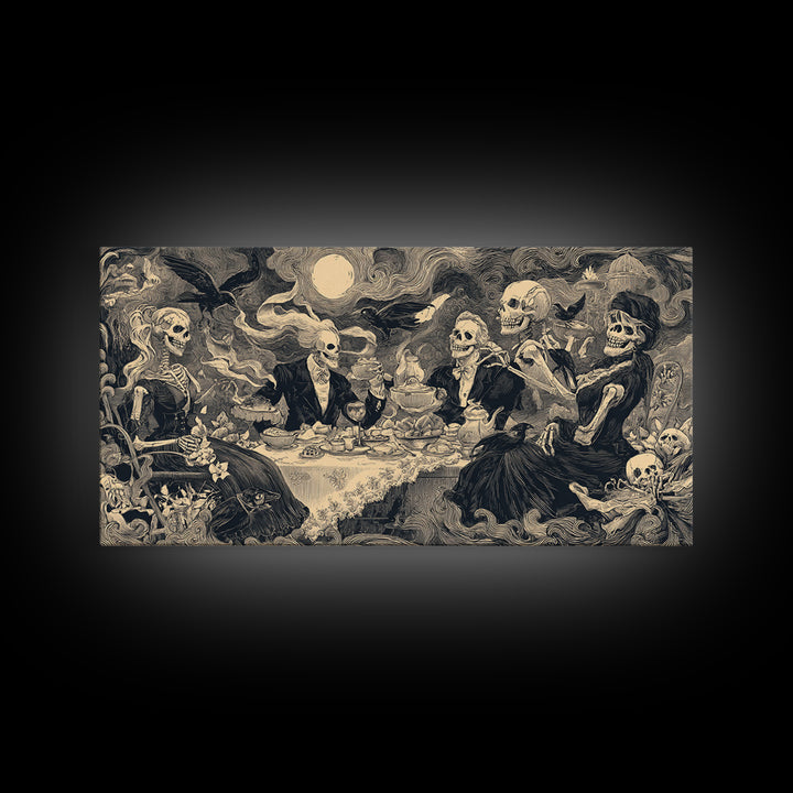 The Zombie Picnic, Macabre Folk Print Art, Wide Panoramic Art, Macabre Wall Art, Framed Canvas Print, Halloween Wall Art