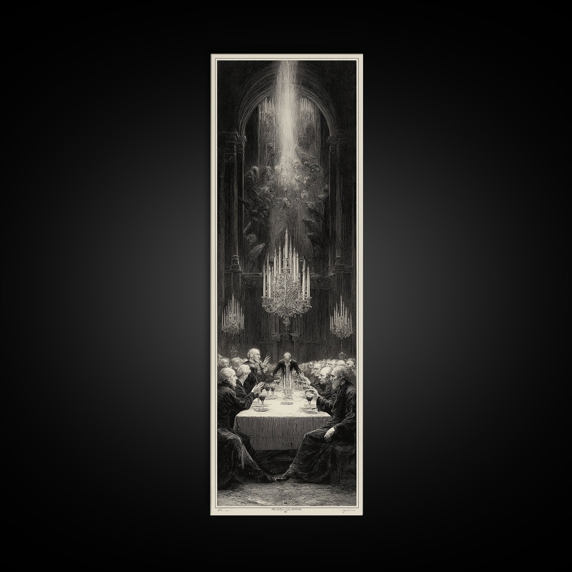 The Vampire Banquet, Gothic Engraving Art, Tall Narrow Wall Art, Dark Fantasy Wall Art, Framed Canvas Print, Halloween Wall Art