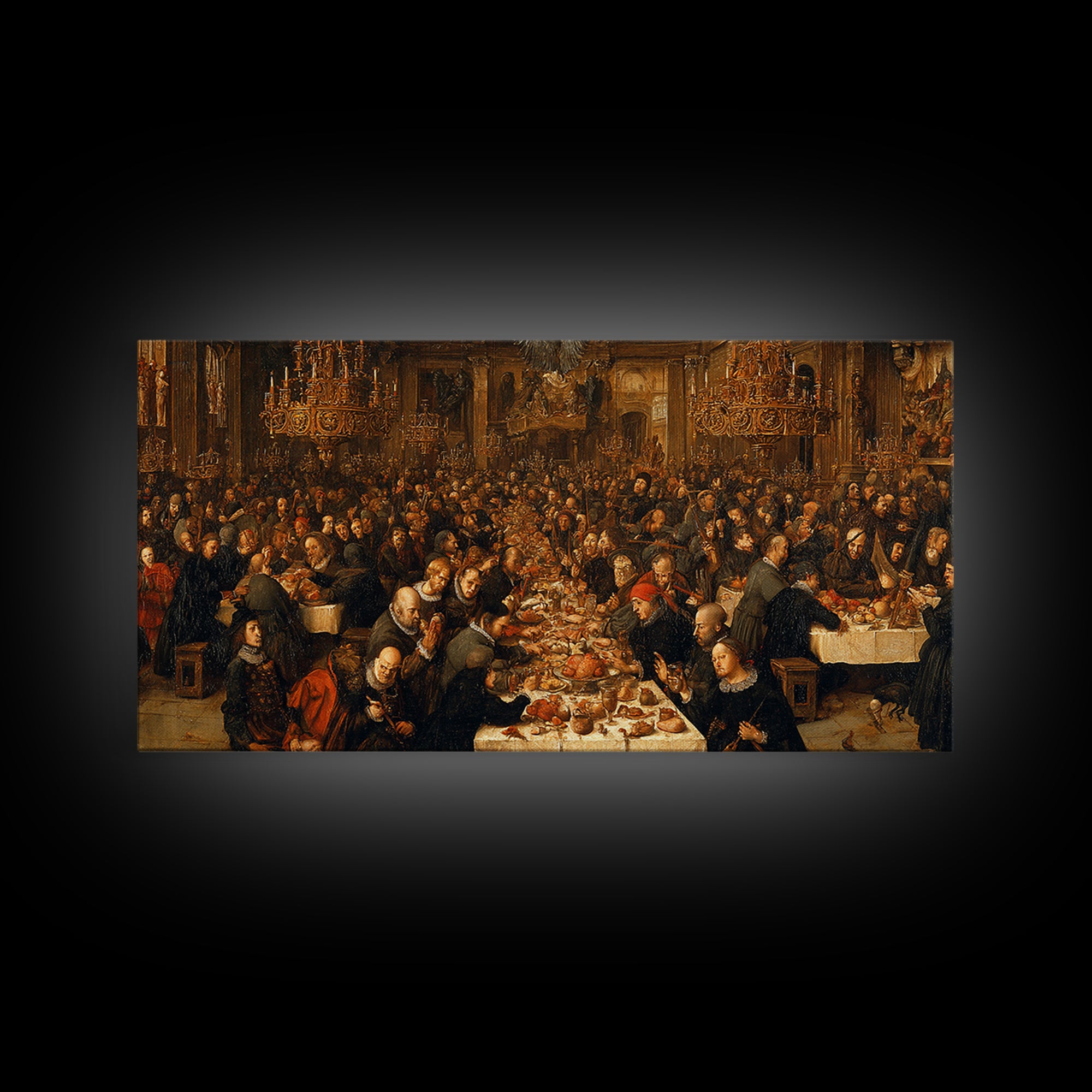 The Vampire Banquet, Northern Renaissance Horror, Wide Panoramic Art, Dark Halloween Decor, Canvas Print, Halloween Wall Art