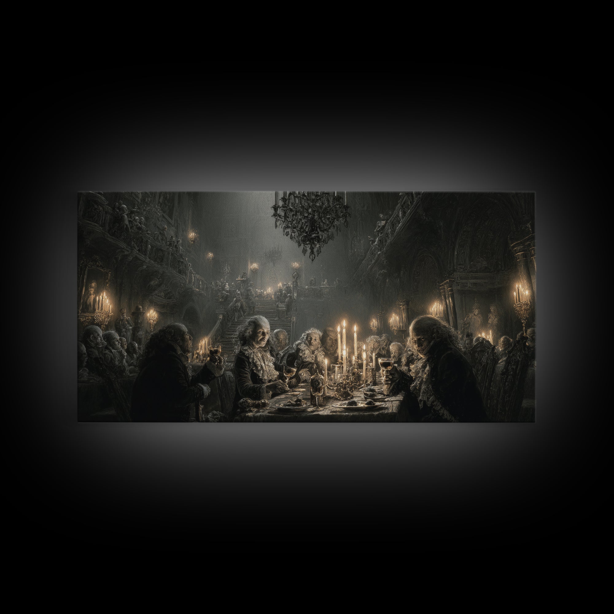 The Vampire Banquet, Architectural Etching Art, Wide Panoramic Art, Gothic Horror Wall Art, Canvas Print, Halloween Wall Art