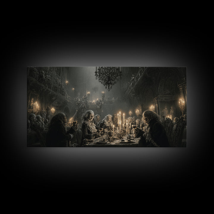 The Vampire Banquet, Architectural Etching Art, Wide Panoramic Art, Gothic Horror Wall Art, Canvas Print, Halloween Wall Art