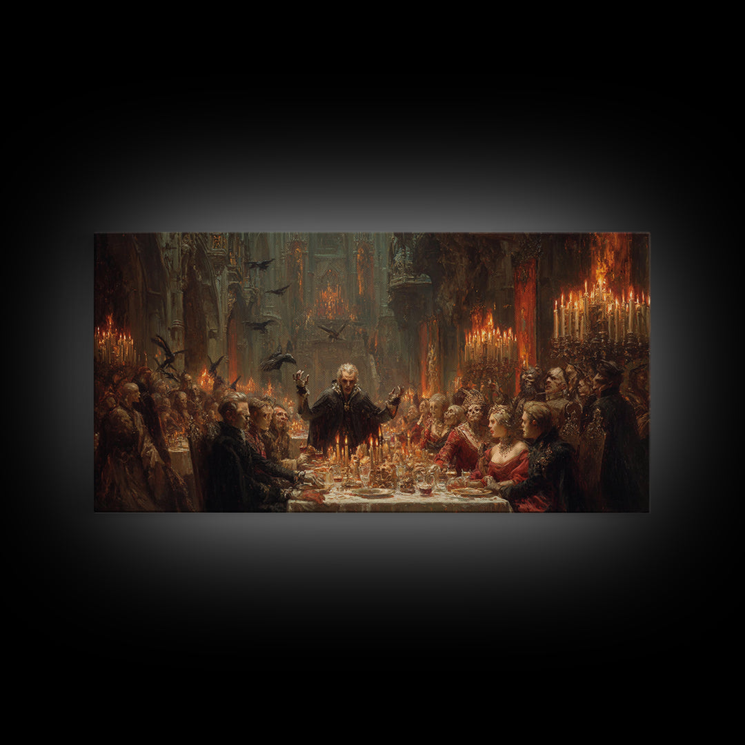The Vampire Banquet, Apocalyptic Romantic Art, Wide Panoramic Art, Dark Fantasy Wall Art, Framed Canvas Print, Halloween Wall Art