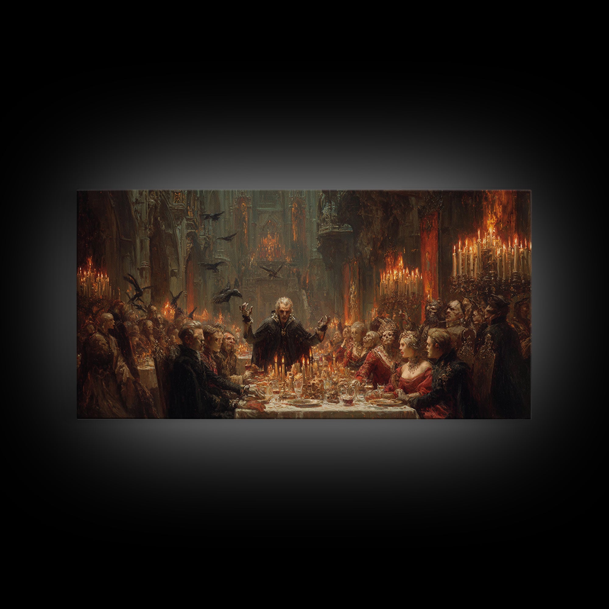 The Vampire Banquet, Apocalyptic Romantic Art, Wide Panoramic Art, Dark Fantasy Wall Art, Framed Canvas Print, Halloween Wall Art