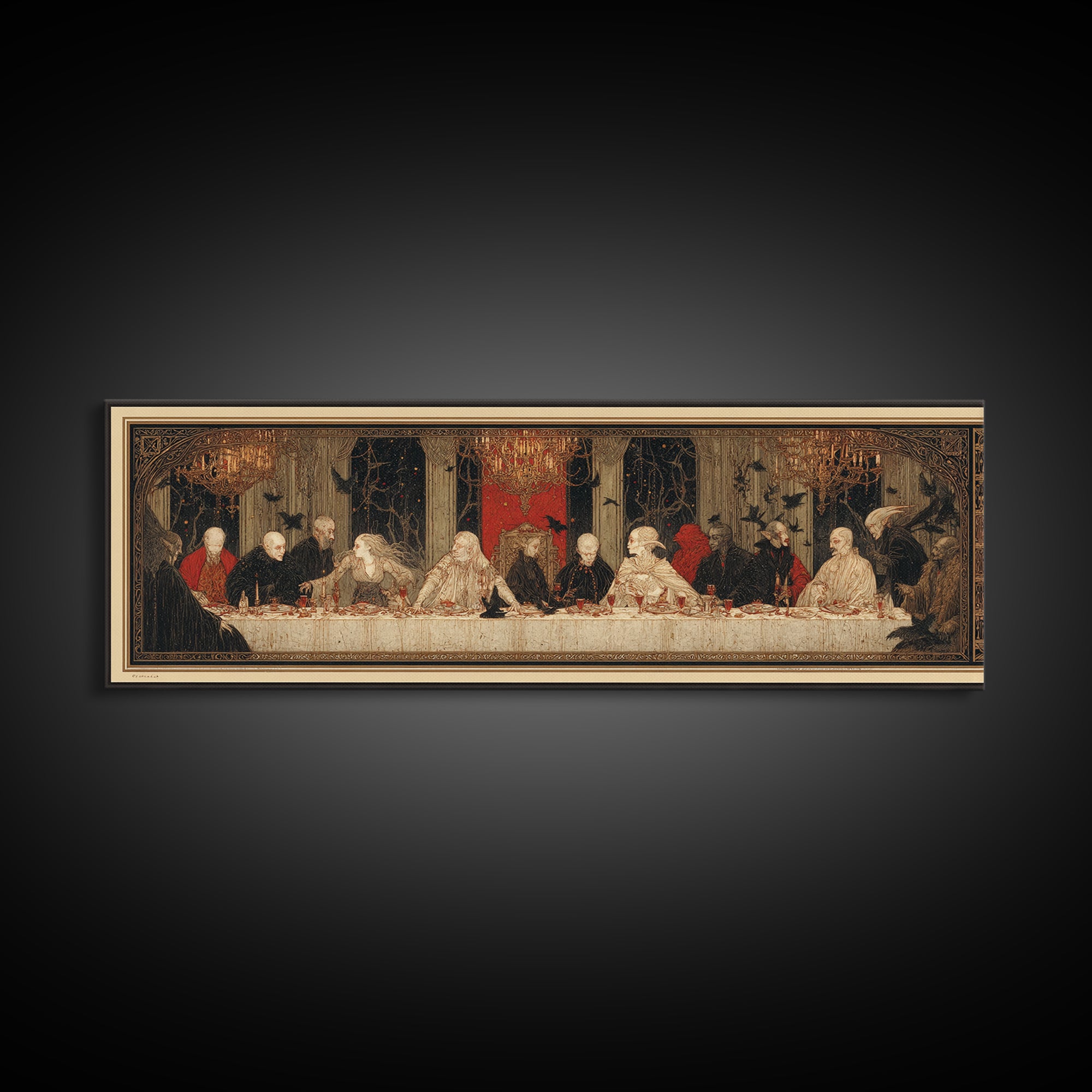 The Vampire Banquet, Symbolist Death Art, Extra Wide Wall Art, Dark Halloween Decor, Framed Canvas Print, Halloween Wall Art