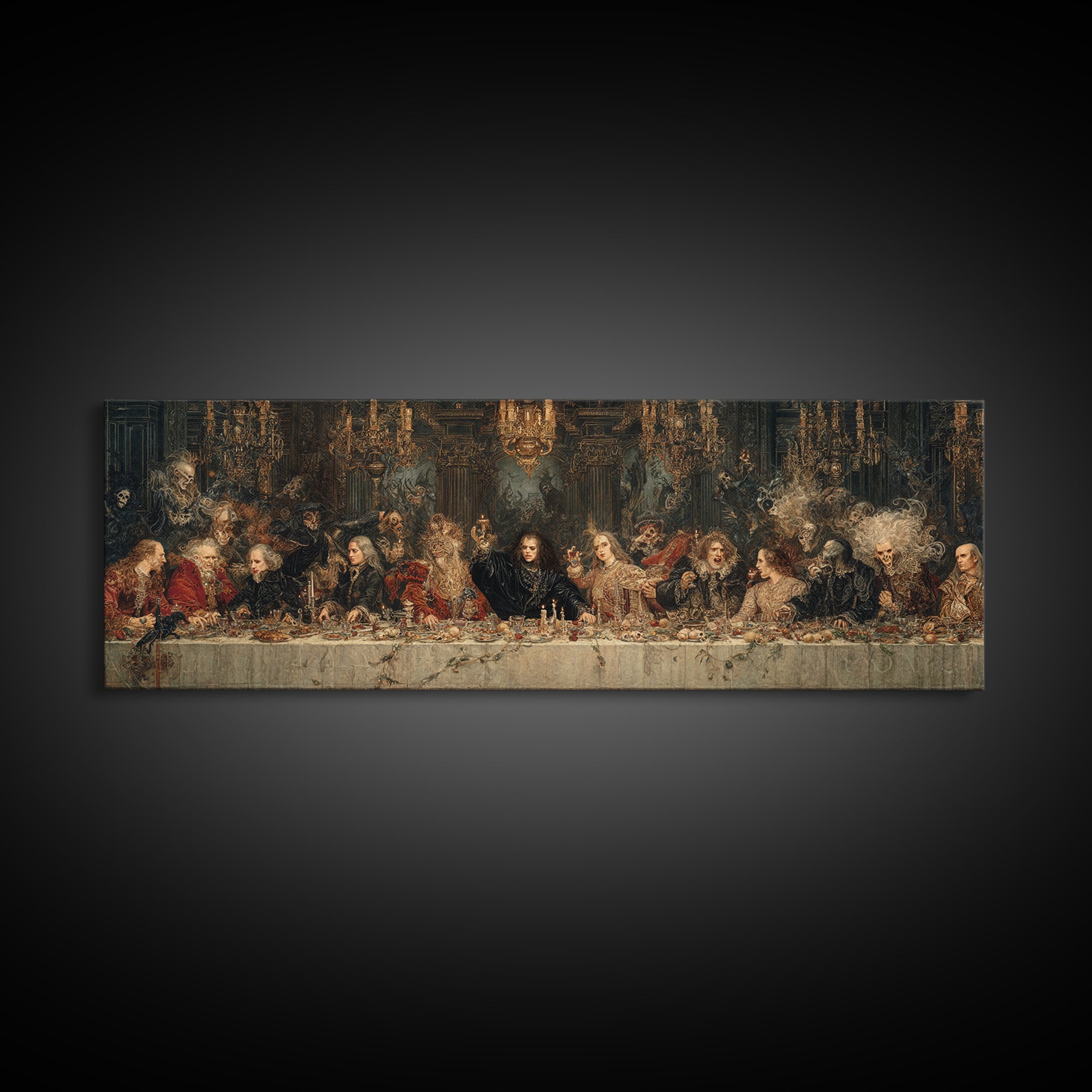 The Vampire Banquet, Symbolist Etching Art, Extra Wide Wall Art, Dark Halloween Decor, Canvas Print, Halloween Wall Art