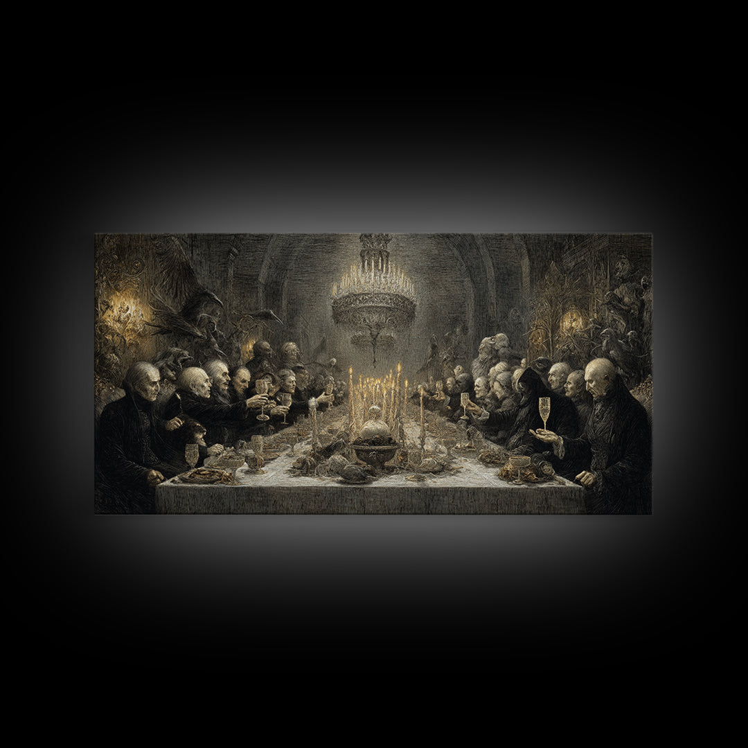 The Vampire Banquet, Expressionist Nightmare Art, Wide Panoramic Art, Dark Fantasy Wall Art, Framed Canvas Print, Halloween Wall Art