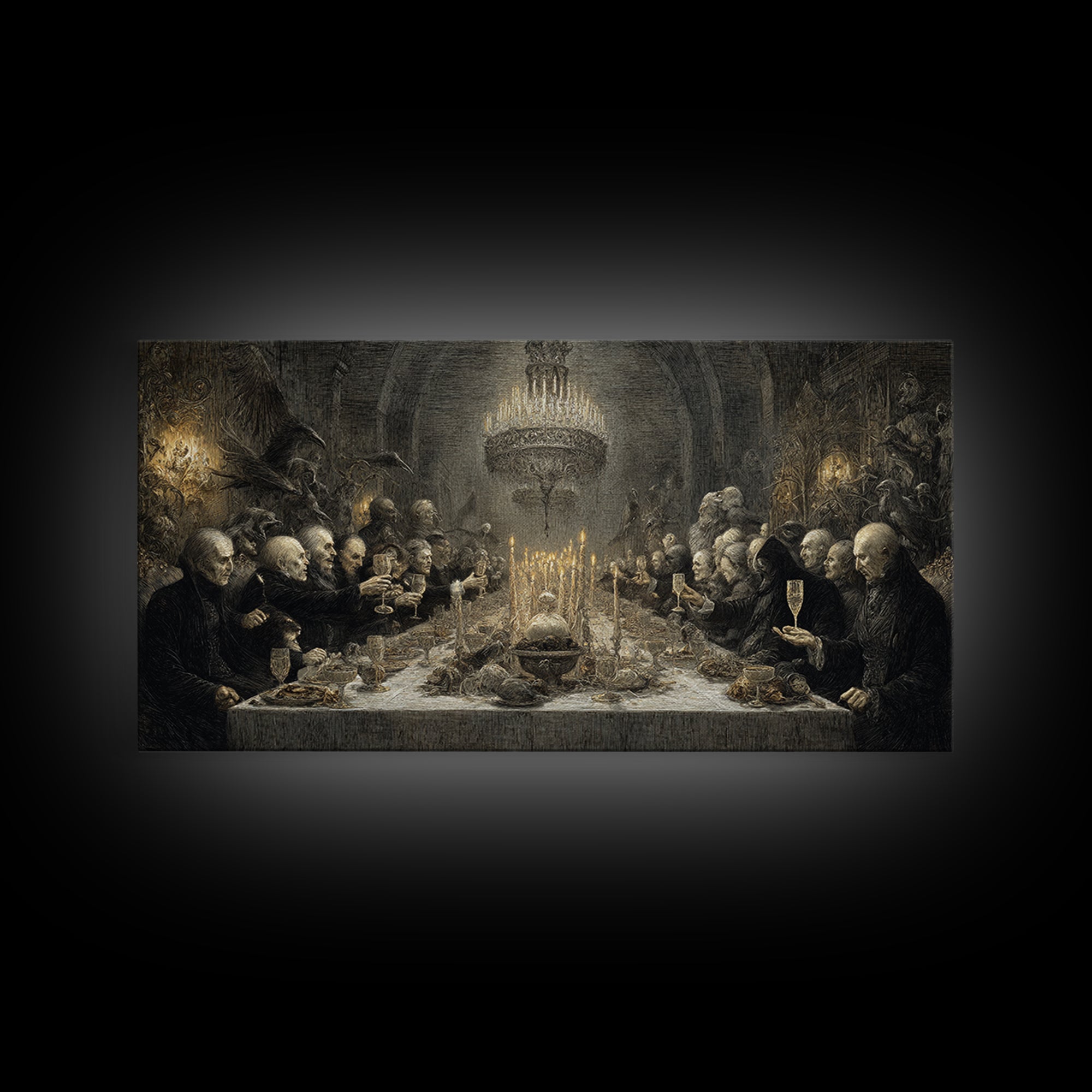 The Vampire Banquet, Expressionist Nightmare Art, Wide Panoramic Art, Dark Fantasy Wall Art, Framed Canvas Print, Halloween Wall Art