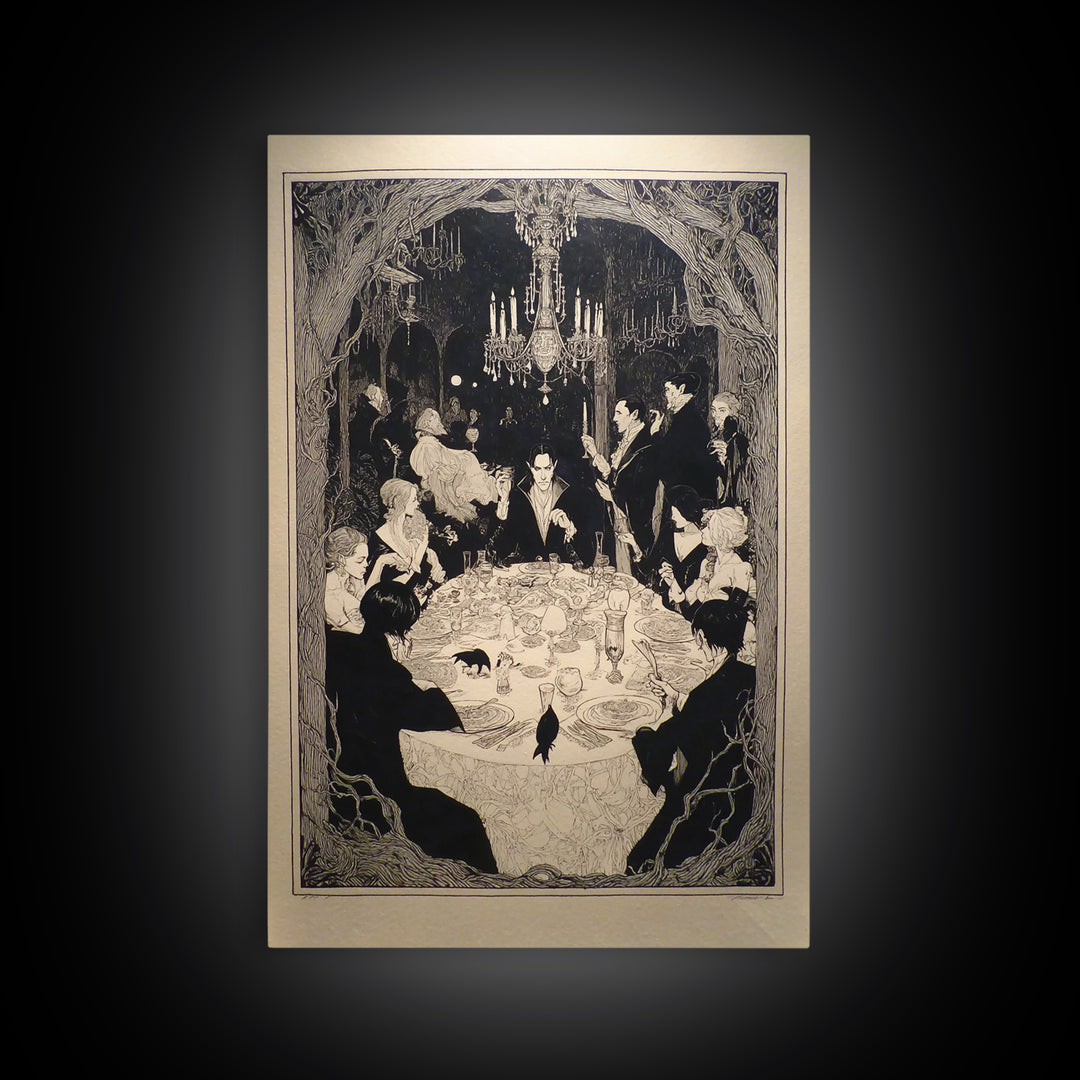 The Vampire Banquet, Decadent Line Art, Vertical Wall Art, Gothic Horror Wall Art, Framed Canvas Print, Halloween Wall Art