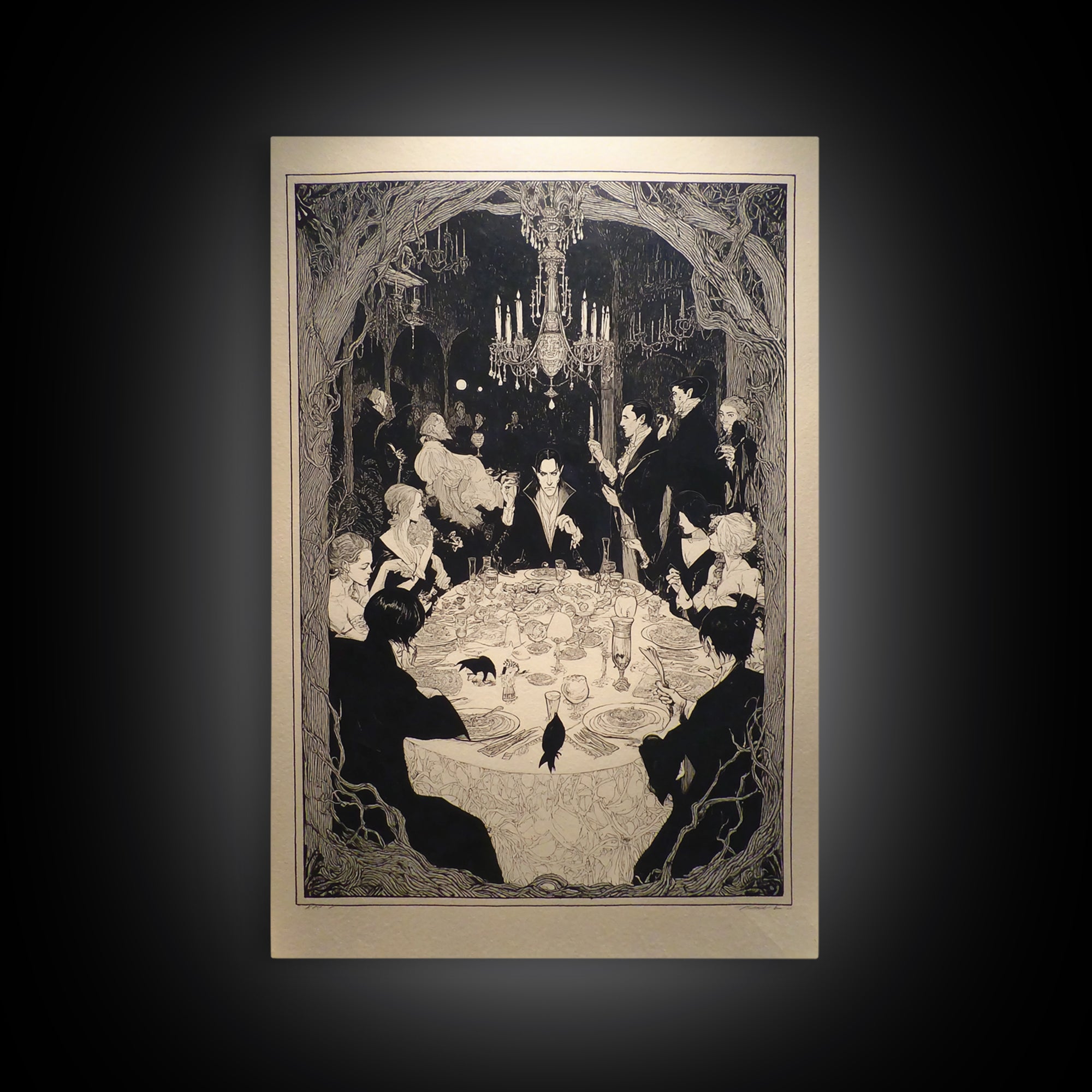 The Vampire Banquet, Decadent Line Art, Vertical Wall Art, Gothic Horror Wall Art, Framed Canvas Print, Halloween Wall Art