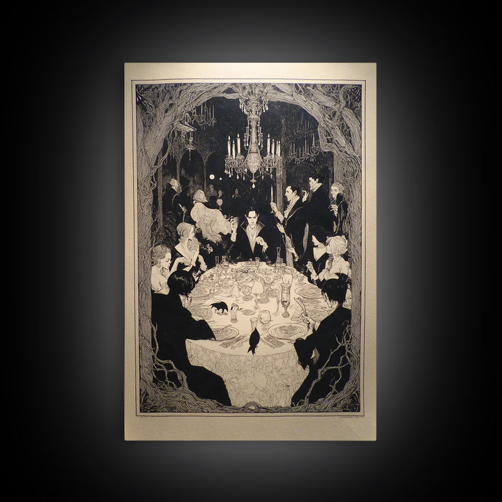 The Vampire Banquet, Decadent Line Art, Vertical Wall Art, Gothic Horror Wall Art, Framed Canvas Print, Halloween Wall Art