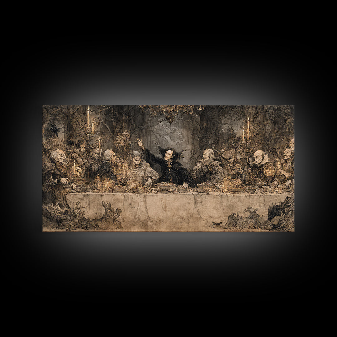 The Vampire Banquet, Gothic Storybook Art, Wide Panoramic Art, Dark Fantasy Wall Art, Canvas Print, Halloween Wall Art