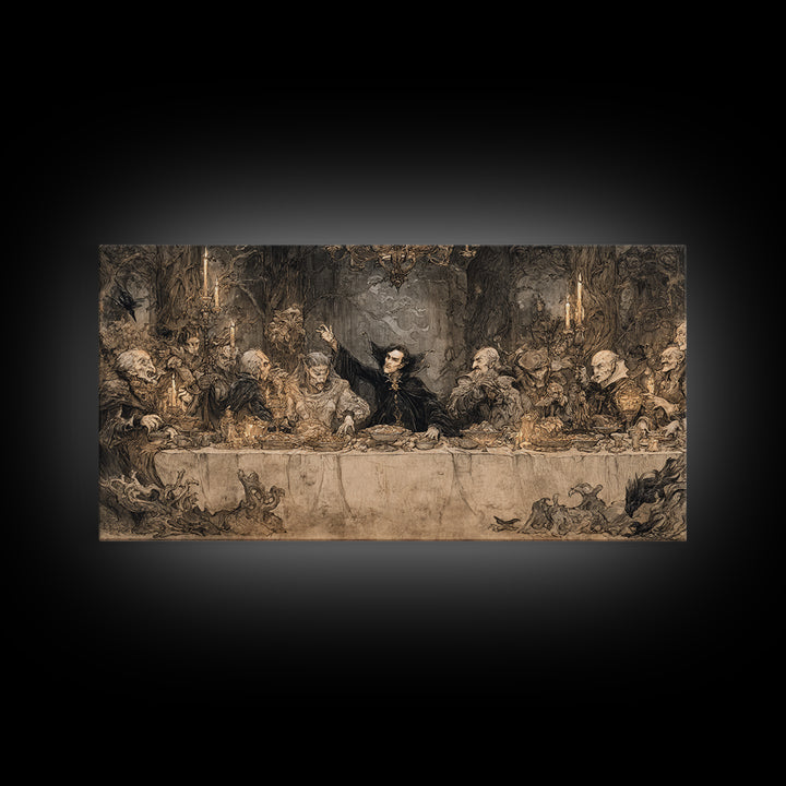 The Vampire Banquet, Gothic Storybook Art, Wide Panoramic Art, Dark Fantasy Wall Art, Canvas Print, Halloween Wall Art