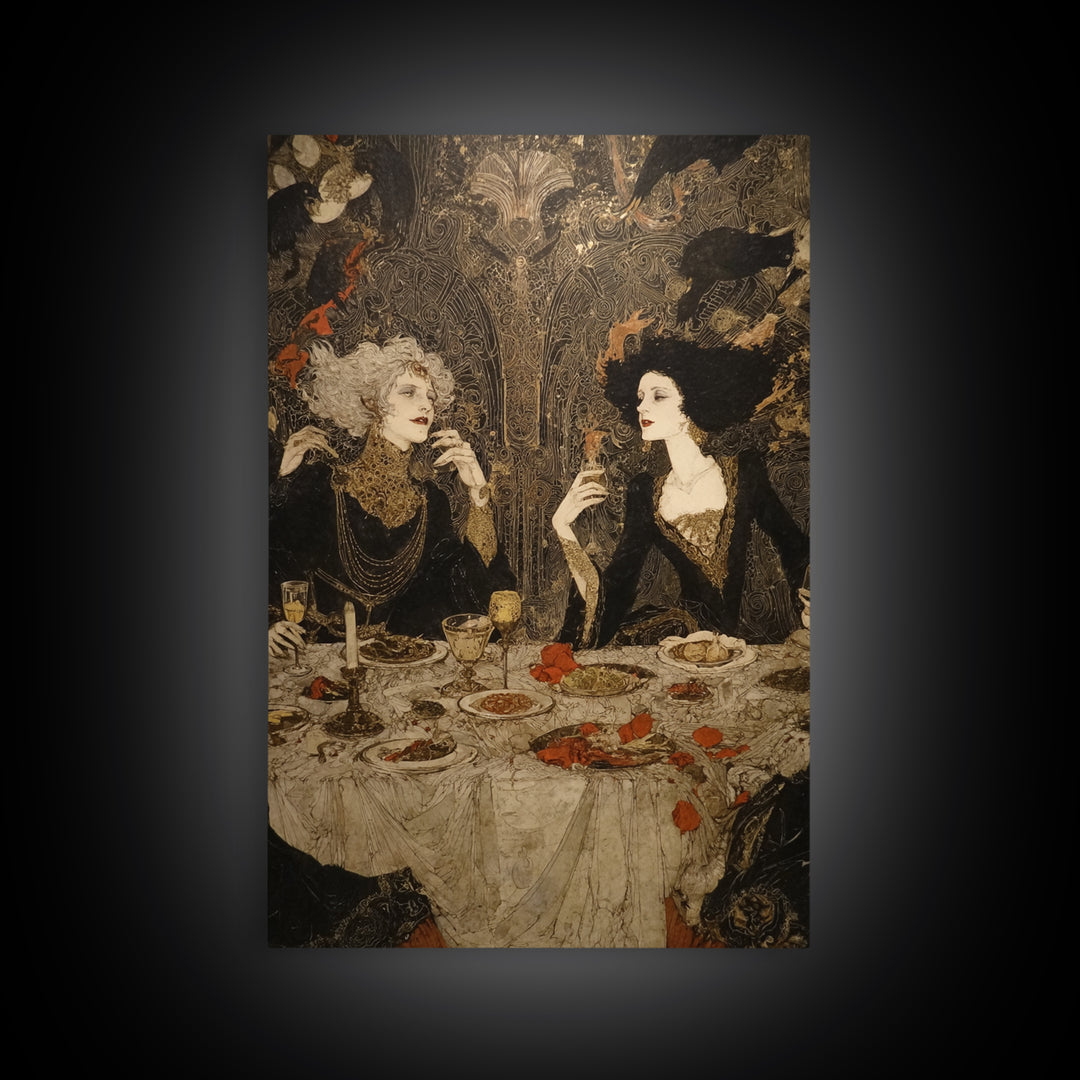 The Vampire Banquet, Stained Glass Gothic Art, Vertical Wall Art, Dark Halloween Decor, Canvas Print, Halloween Wall Art