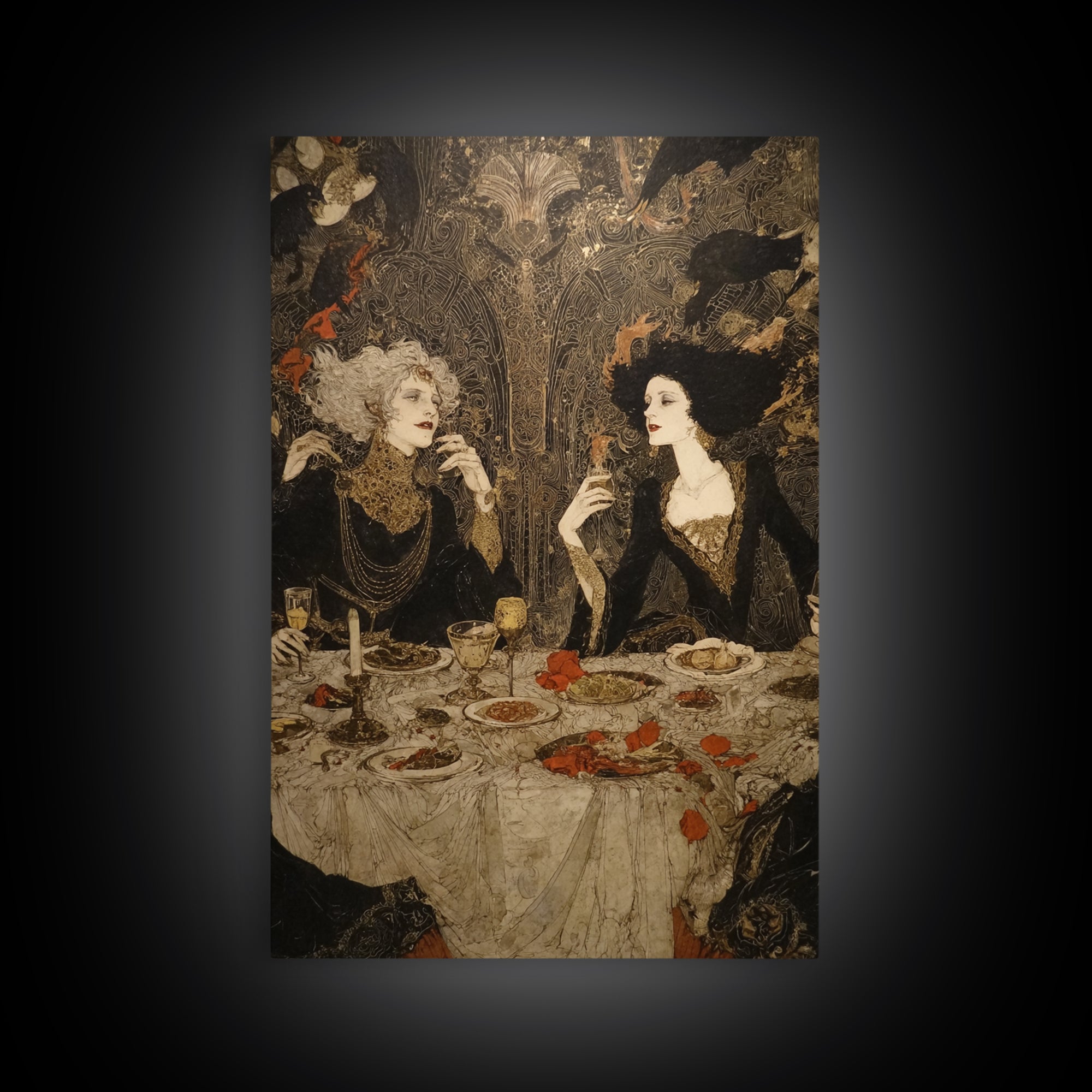 The Vampire Banquet, Stained Glass Gothic Art, Vertical Wall Art, Dark Halloween Decor, Canvas Print, Halloween Wall Art