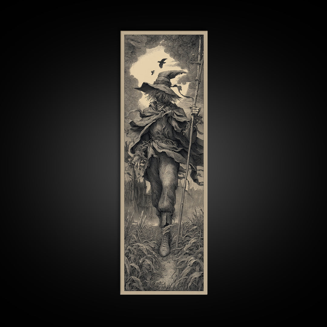 The Scarecrow Uprising, Gothic Engraving Art, Tall Narrow Wall Art, Dark Fantasy Wall Art, Canvas Print, Halloween Wall Art