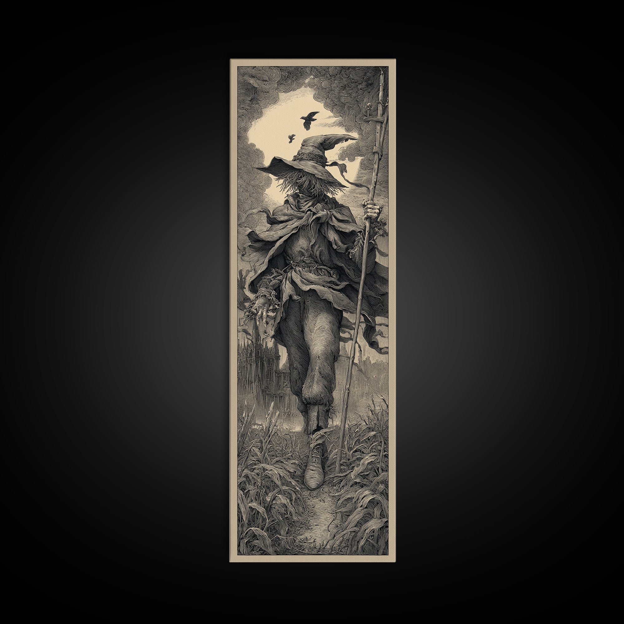 The Scarecrow Uprising, Gothic Engraving Art, Tall Narrow Wall Art, Dark Fantasy Wall Art, Canvas Print, Halloween Wall Art