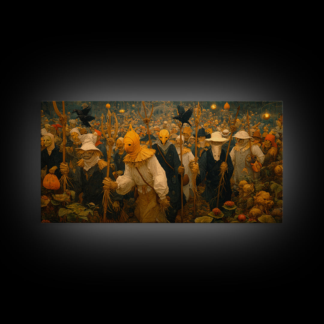 The Scarecrow Uprising, Medieval Grotesque Art, Wide Panoramic Art, Macabre Wall Art, Framed Canvas Print, Halloween Wall Art