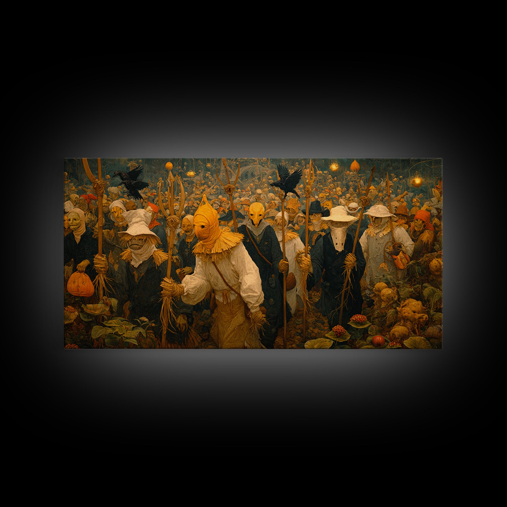 The Scarecrow Uprising, Medieval Grotesque Art, Wide Panoramic Art, Macabre Wall Art, Framed Canvas Print, Halloween Wall Art