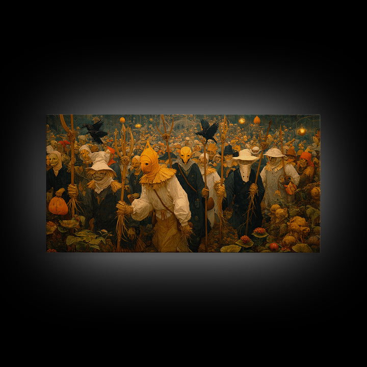 The Scarecrow Uprising, Medieval Grotesque Art, Wide Panoramic Art, Macabre Wall Art, Framed Canvas Print, Halloween Wall Art